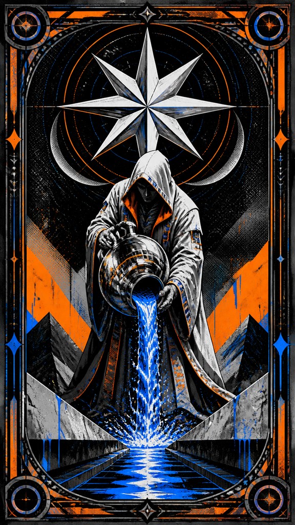 a robed figure pouring water beneath a large eight-pointed star in a night sky, symmetrical composition with an ornate decorative border, no text — Streetwear Fashion Design tarot card