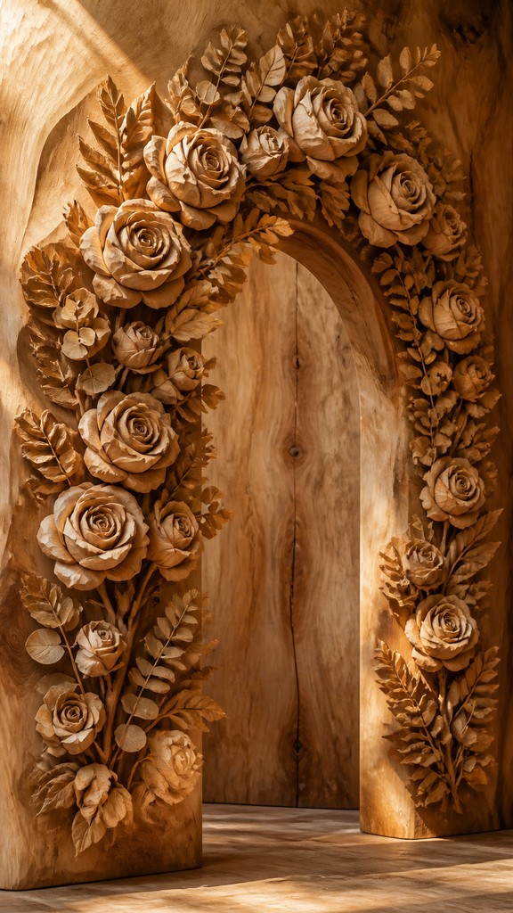an arch of white roses and eucalyptus in soft morning light, elegant vertical composition with open space, no text — Wood Carving Sculpture Art Style wedding invitation