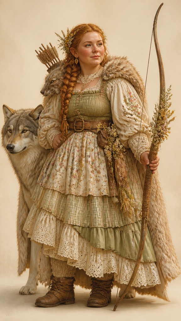 full-body original character: a dwarven ranger with a braided auburn beard, worn leather armor, a longbow and a wolf-pelt cloak, neutral background, no text — Cottagecore Fashion Style tabletop character portrait
