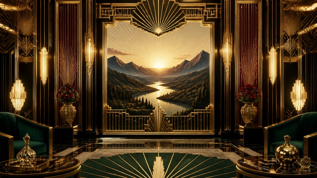a vast valley with a river winding toward distant mountains at sunrise, no people, no text — Art Deco Interior Design desktop wallpaper
