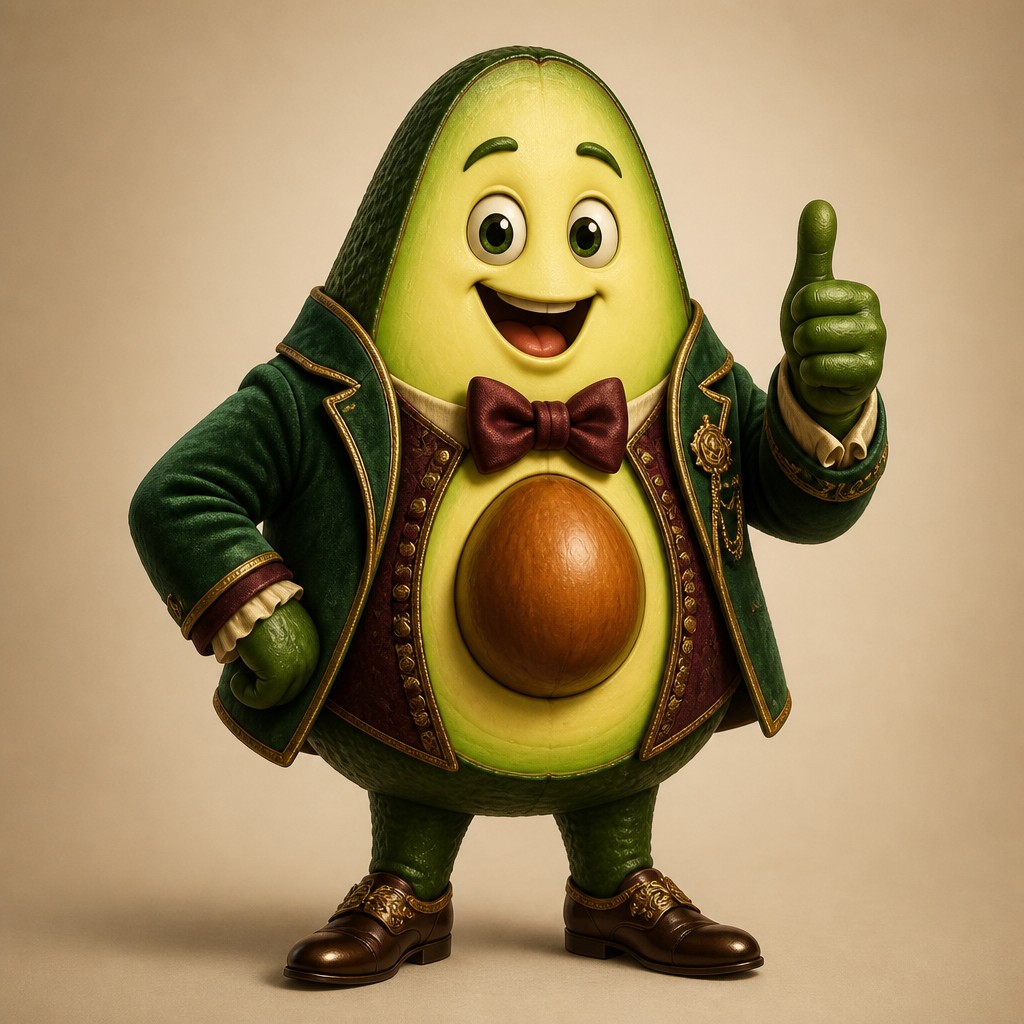 a happy avocado character giving a thumbs up, bold readable design on a plain background, no text — Traditional Interior Design sticker