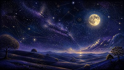 rolling hills with scattered trees under a big dramatic sky, no people — Celestial Aesthetic wallpaper
