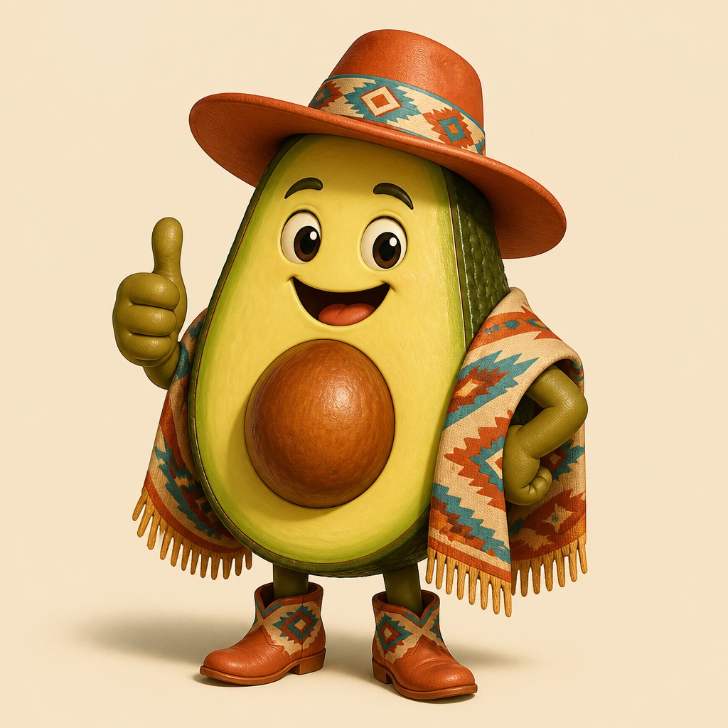 a happy avocado character giving a thumbs up, bold readable design on a plain background, no text — Southwestern Interior Design sticker