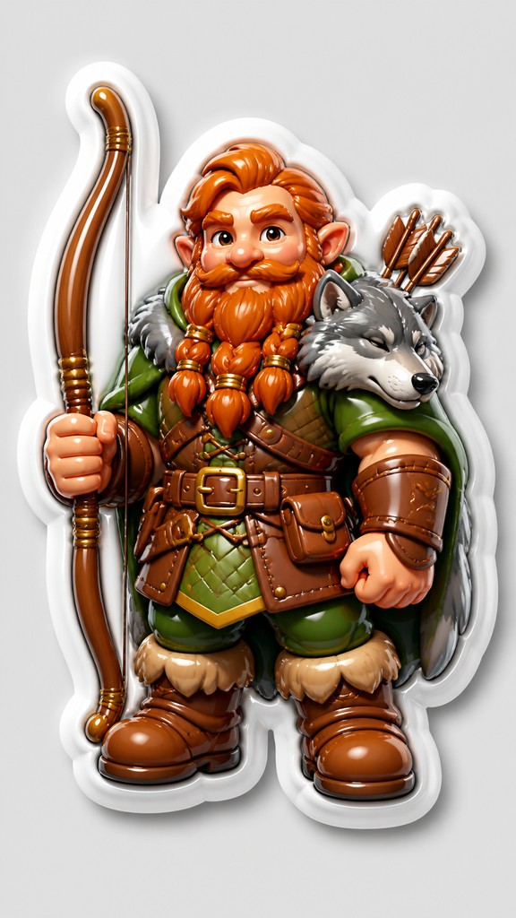 full-body original character: a dwarven ranger with a braided auburn beard, worn leather armor, a longbow and a wolf-pelt cloak, neutral background, no text — 3D Puffy Sticker Design tabletop character portrait