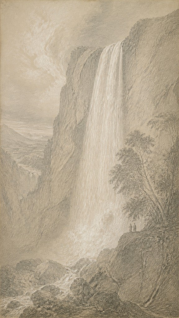 towering waterfall cascading down a cliff — Silverpoint Drawing Style