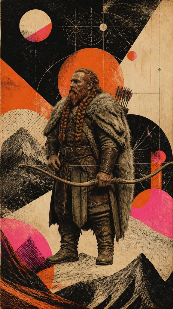 full-body original character: a dwarven ranger with a braided auburn beard, worn leather armor, a longbow and a wolf-pelt cloak, neutral background, no text — Retro-Futuristic Pop Surrealism tabletop character portrait