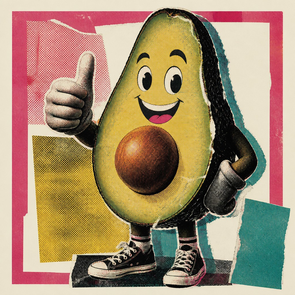 a happy avocado character giving a thumbs up, bold readable design on a plain background, no text — Appropriation Art Style sticker