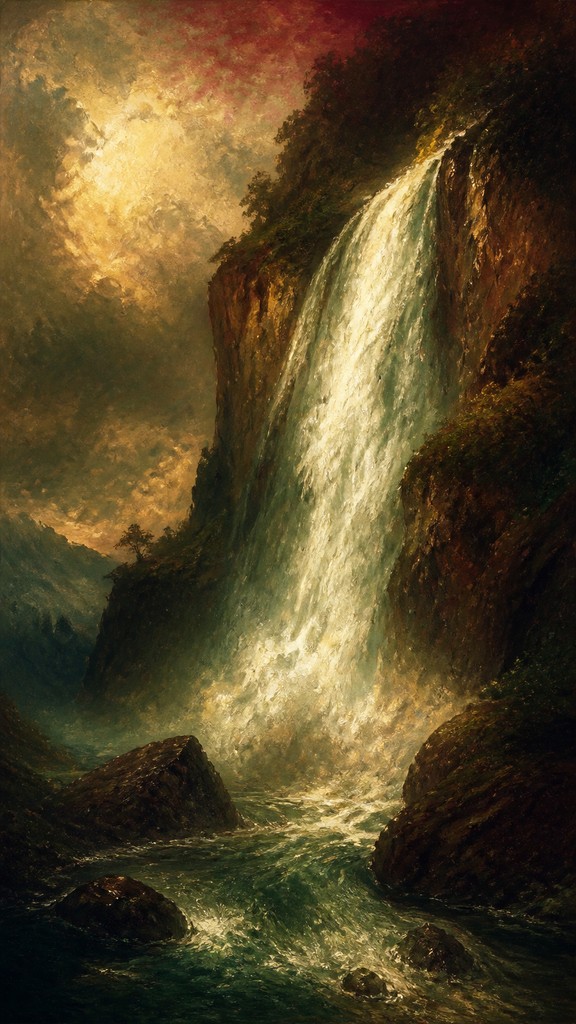 towering waterfall cascading down a cliff — Romanticism Art Style