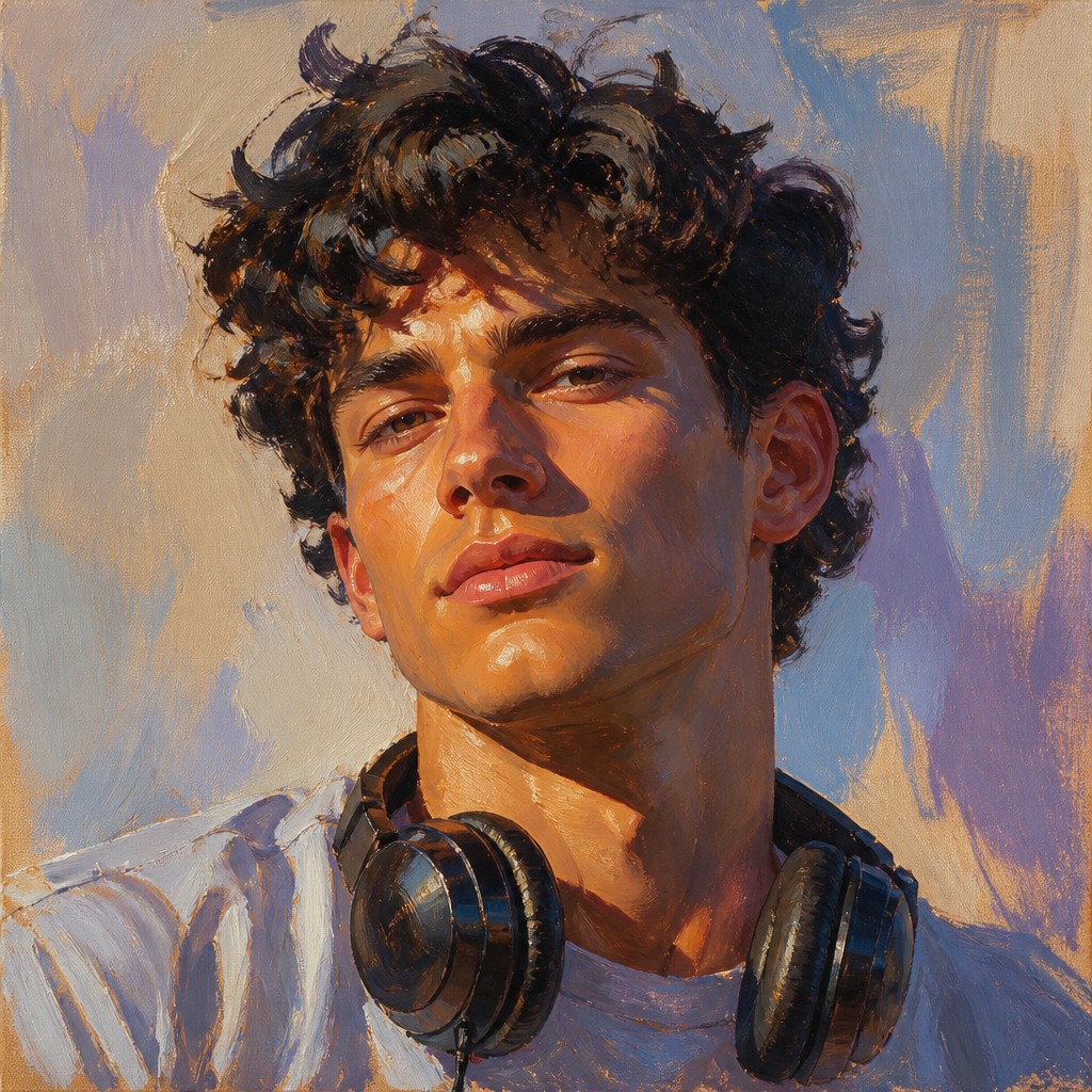 head-and-shoulders portrait of an original character: a young man with curly dark hair and headphones around his neck, plain backdrop, no text — Plein Air Landscape Art Style Discord profile picture