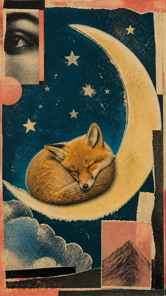 a sleeping baby fox curled on a crescent moon among soft stars, gentle and warm, no text — Appropriation Art Style baby announcement