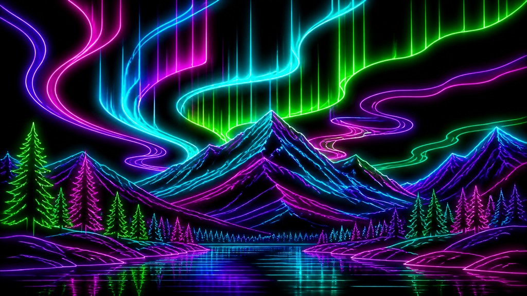 a flowing aurora over snowy peaks, wide sweeping composition, no people, no text — Neon Outline Style banner