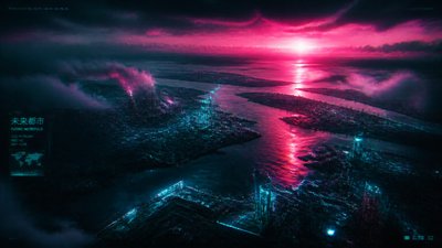 a wide river delta seen from above at sunset, no people — Cyberpunk Sci-Fi Art wallpaper