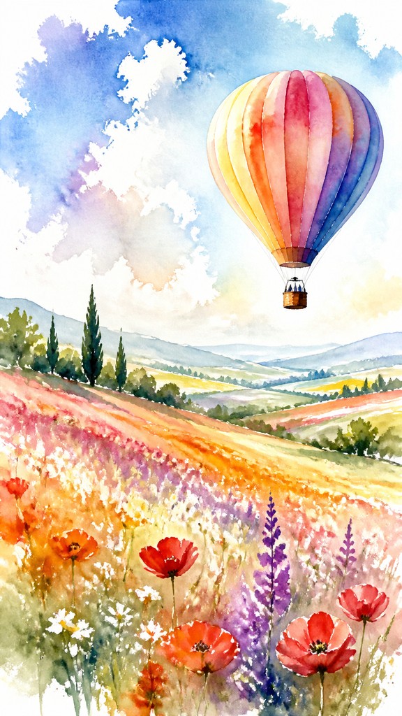 a hot air balloon drifting over rolling flower fields on a sunny day, cheerful, no text — Watercolor Portrait Art Style greeting card