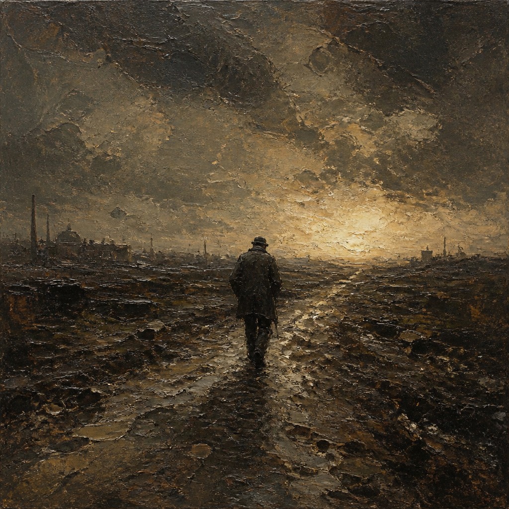 a solitary figure walking toward a glowing horizon across an empty plain, moody atmosphere, no text or lettering — Ashcan School Art Style album cover