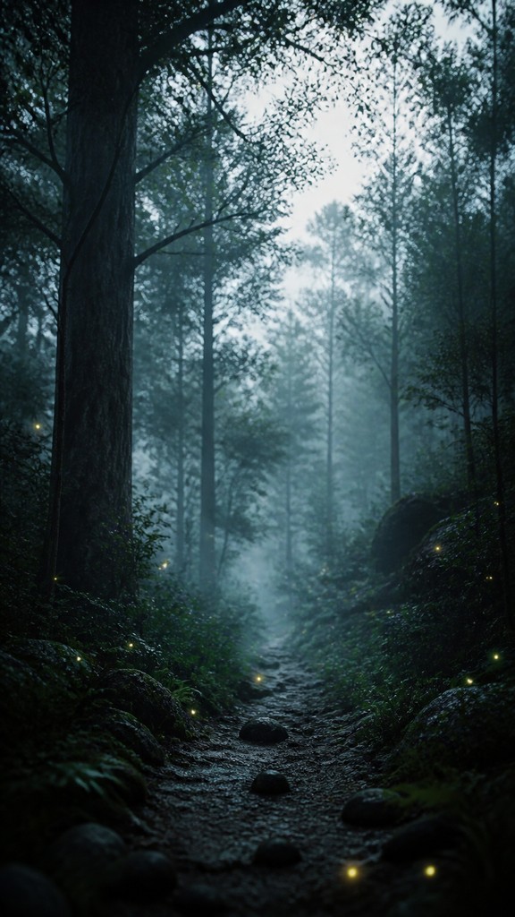 a mysterious forest path with fireflies and drifting mist, atmospheric vertical composition with open space at the top, no text — VFX Compositing Digital Art Style book cover