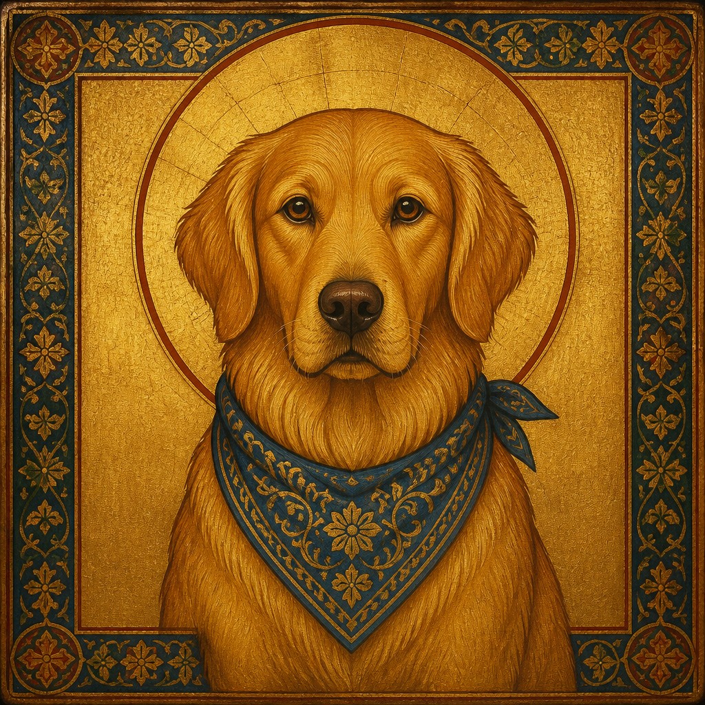 portrait of a golden retriever wearing a blue bandana, warm plain backdrop, no text — Orthodox Icon Religious Art pet portrait