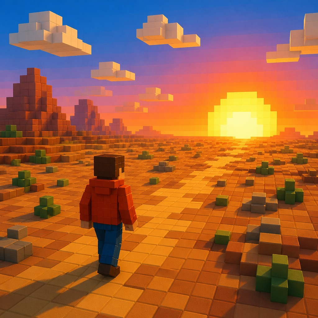 a solitary figure walking toward a glowing horizon across an empty plain, moody atmosphere, no text or lettering — Voxel Art Style album cover