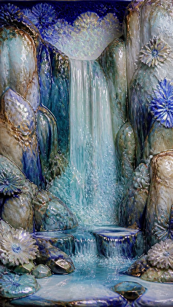 towering waterfall cascading down a cliff — Crystalline Glaze Ceramic Art Style