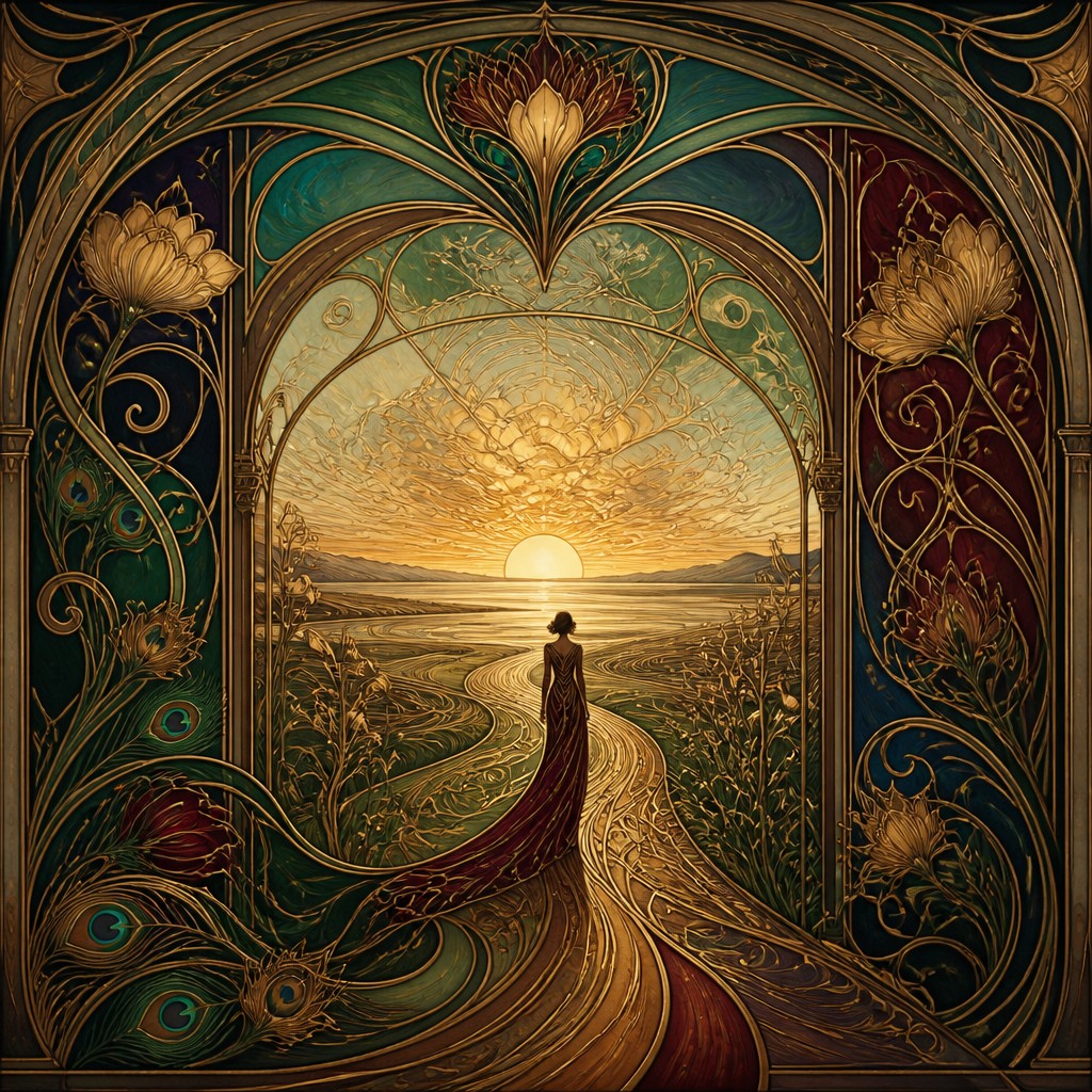a solitary figure walking toward a glowing horizon across an empty plain, moody atmosphere, no text or lettering — Art Nouveau Architecture Art album cover