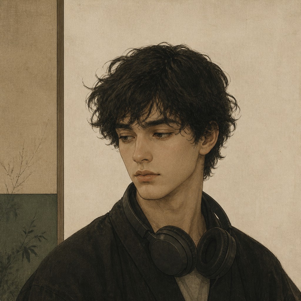 head-and-shoulders portrait of an original character: a young man with curly dark hair and headphones around his neck, plain backdrop, no text — Japanese Architecture Art Discord profile picture