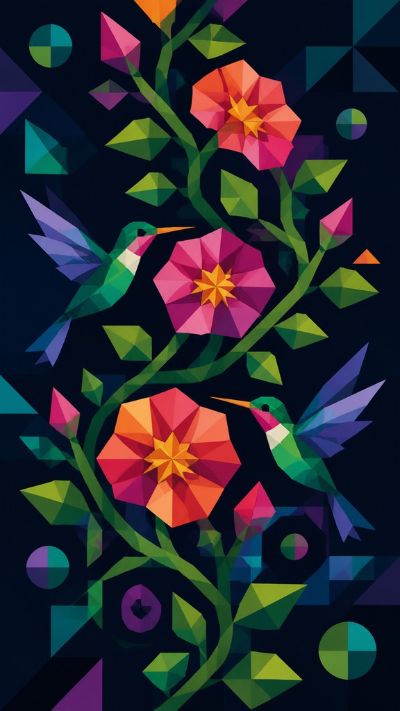 a climbing vine of flowers and hummingbirds on a dark background, tall wrapping composition, no text — Geometric Abstract Art Style phone case design
