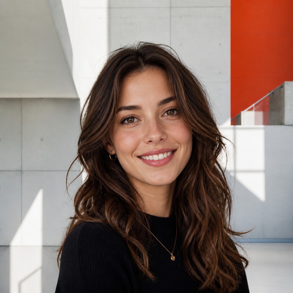 head-and-shoulders portrait of an original character: a young woman with wavy chestnut hair and a warm smile, plain soft backdrop — Modern Architecture Art profile picture