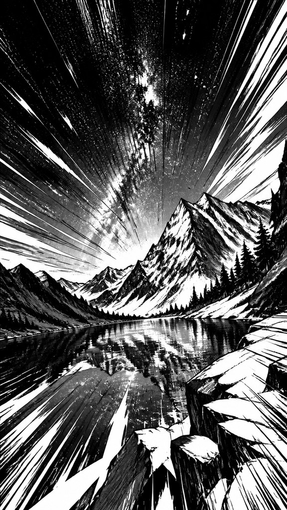 a tranquil mountain lake beneath a starry night sky, no people, no text — Shonen Battle Manga Art Style phone wallpaper