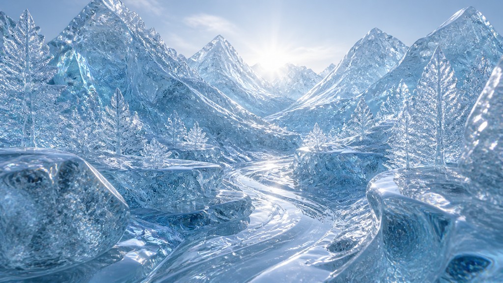 a vast valley with a river winding toward distant mountains at sunrise, no people, no text — Ice Sculpture Art Style desktop wallpaper