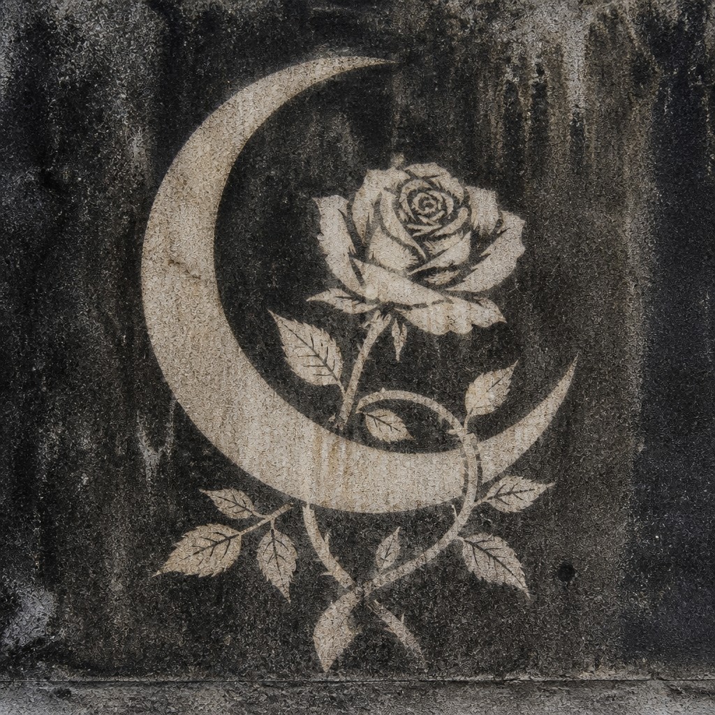a rose entwined with a crescent moon, clean balanced composition on a plain background, no text — Reverse Graffiti Street Art Style tattoo design