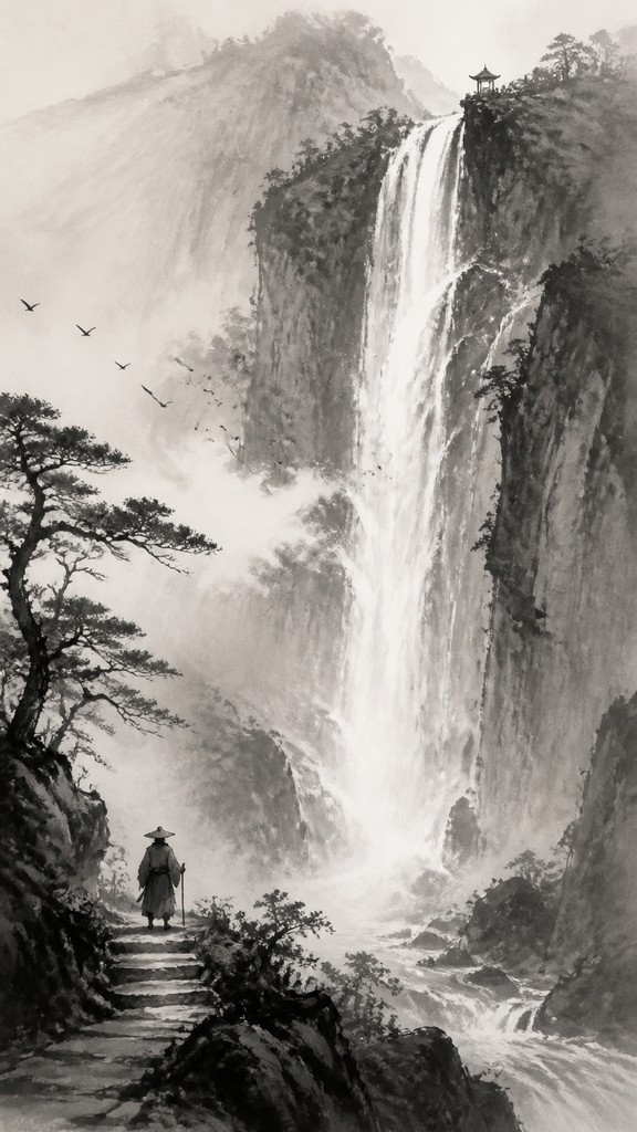 towering waterfall cascading down a cliff — Implied Line Art Style