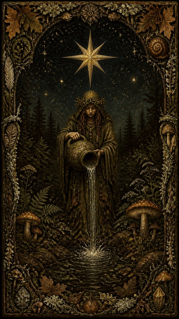 a robed figure pouring water beneath a large eight-pointed star in a night sky, symmetrical composition with an ornate decorative border, no text — Goblincore Aesthetic tarot card