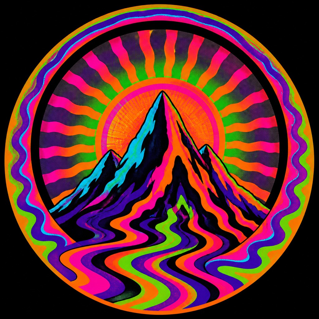 an emblem of a mountain peak inside a circle, simple bold shapes on a plain background, no text or lettering — Psychedelic Poster Design logo concept