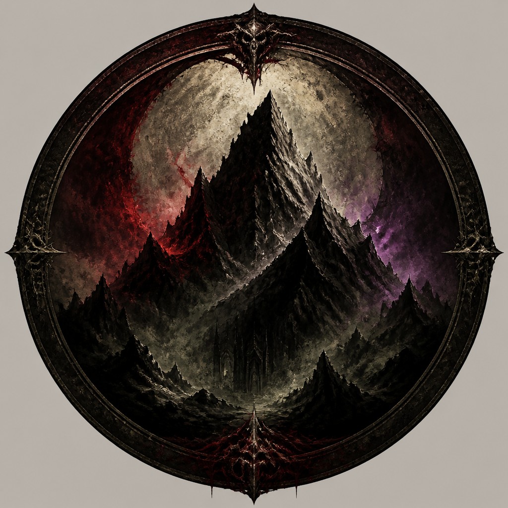 an emblem of a mountain peak inside a circle, simple bold shapes on a plain background, no text or lettering — Dark Fantasy Art logo concept