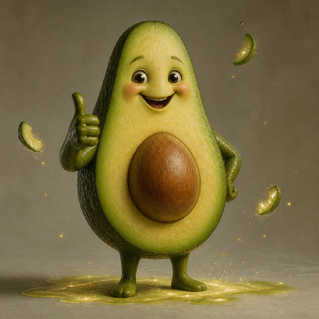 a happy avocado character giving a thumbs up, bold readable design on a plain background, no text — Magical Realism Art Style sticker