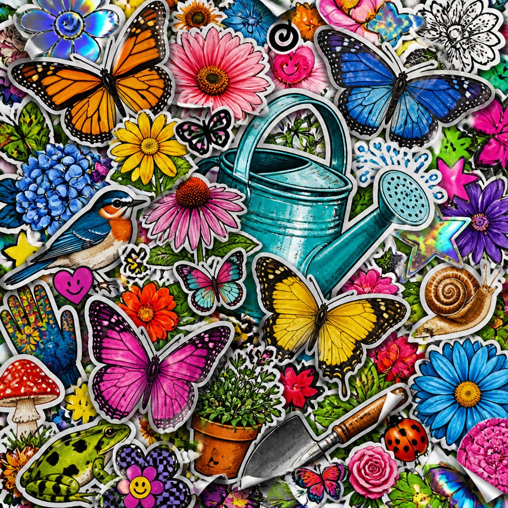 a garden scene with butterflies, flowers and a watering can, clean uncolored line art, no text — Sticker Bomb Street Art Style coloring page