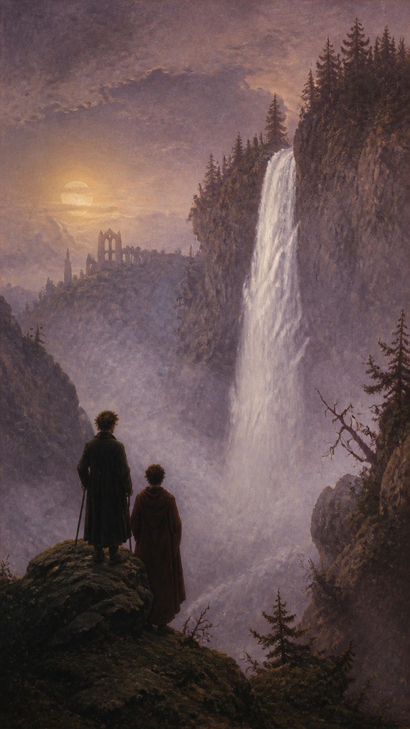 towering waterfall cascading down a cliff — Dresden Romantic Art Style