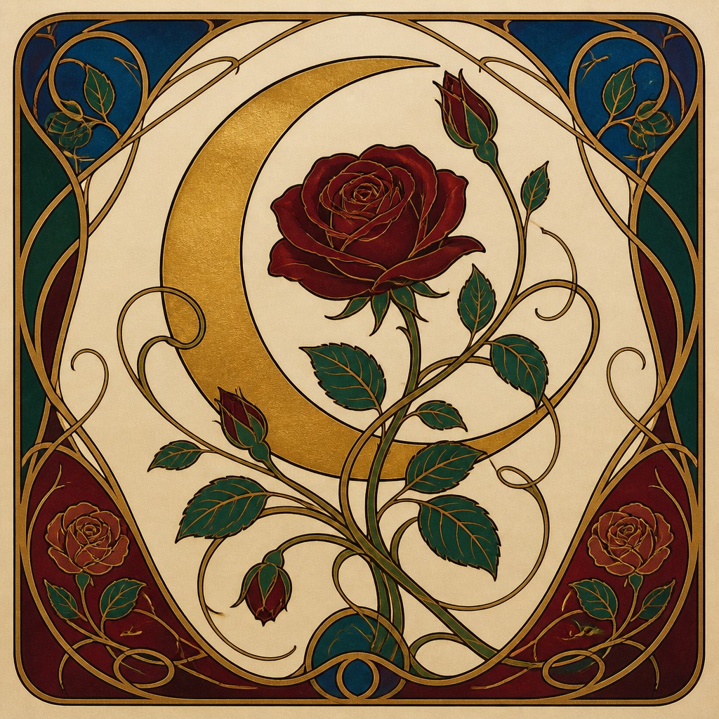 a rose entwined with a crescent moon, clean balanced composition on a plain background, no text — Art Nouveau Style tattoo design