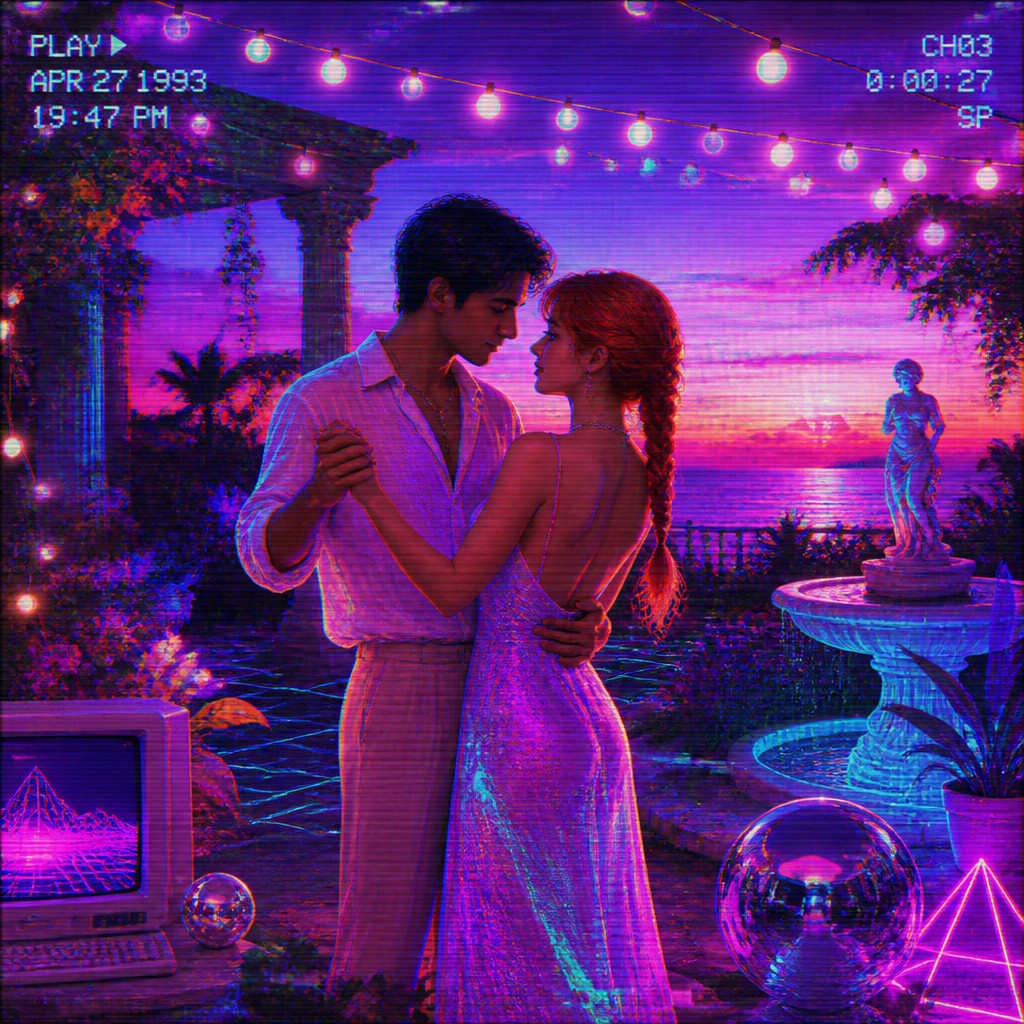 an original couple dancing under string lights in a garden at dusk: a man with short black hair in a linen shirt and a woman with braided red hair in a summer dress — Vaporwave Art Style couple portrait