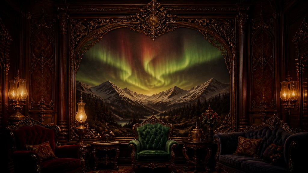 a flowing aurora over snowy peaks, wide sweeping composition, no people, no text — Victorian Furniture Art banner