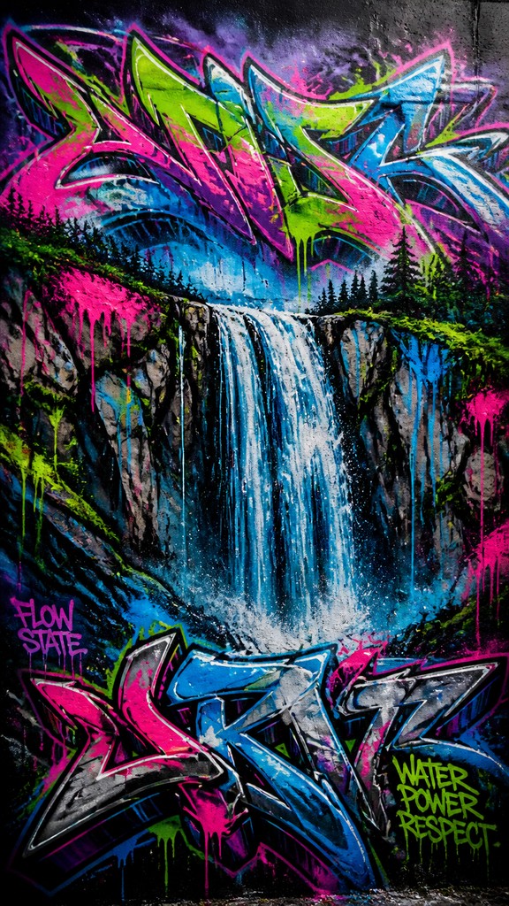 towering waterfall cascading down a cliff — Graffiti Art Style