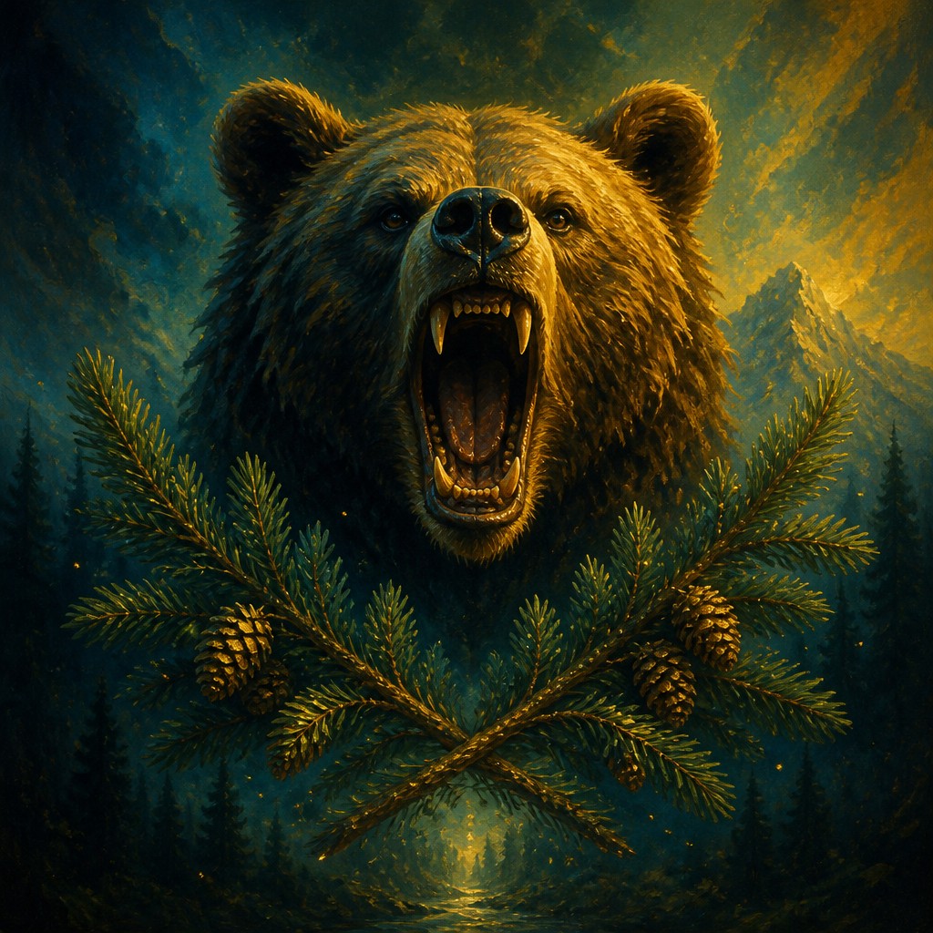 a roaring bear head above crossed pine branches, bold graphic composition on a plain background, no text — Epic Fantasy Art t-shirt design