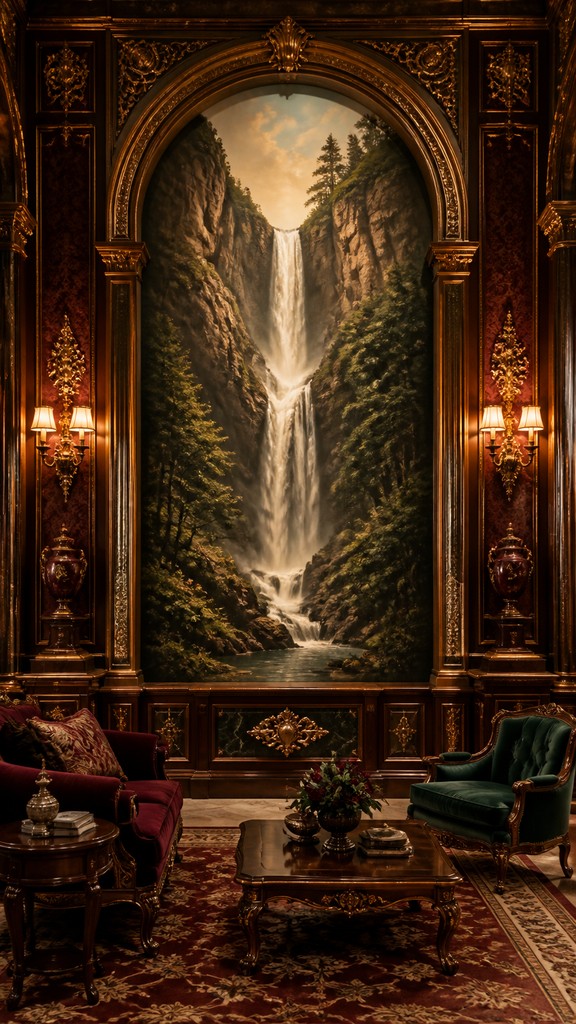 towering waterfall cascading down a cliff — Traditional Interior Design