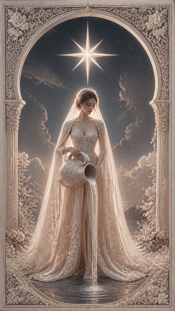 a robed figure pouring water beneath a large eight-pointed star in a night sky, symmetrical composition with an ornate decorative border, no text — Bridal Couture Fashion Design tarot card