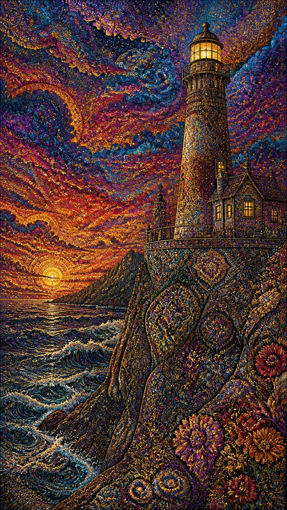 a lone lighthouse on a cliff at dusk under a dramatic sky, no text or lettering — Maximalism Art Style poster