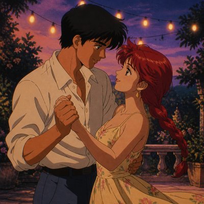 Classic 90s Anime Art Style couple portrait example