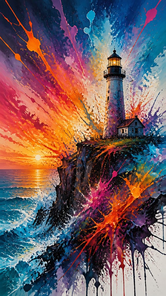 a lone lighthouse on a cliff at dusk under a dramatic sky, no text or lettering — Color Splash poster