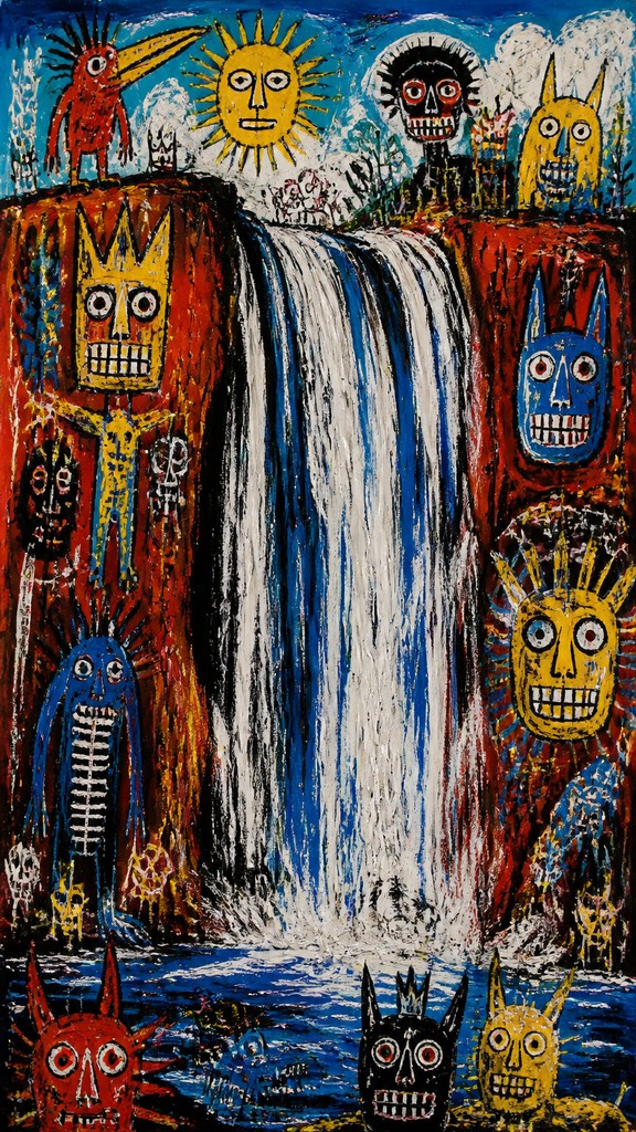towering waterfall cascading down a cliff — CoBrA Art Style