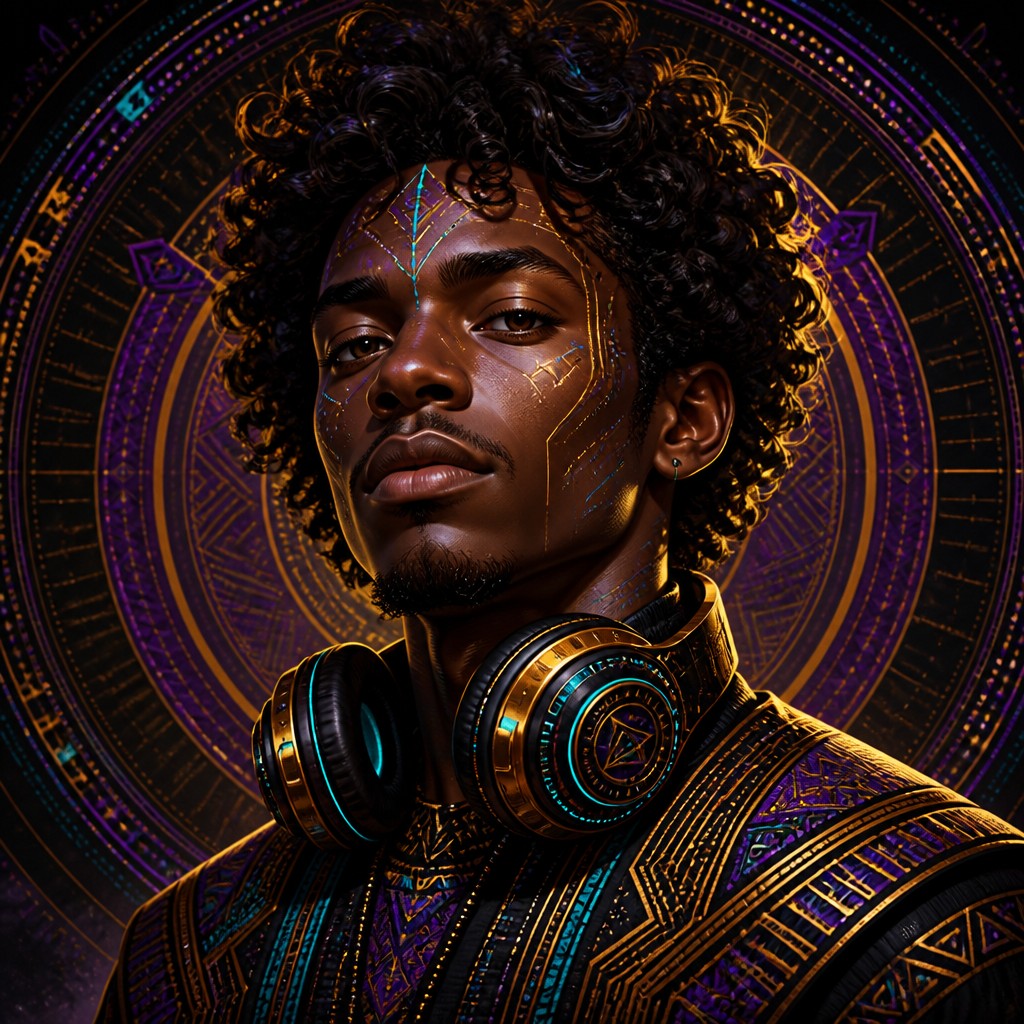 head-and-shoulders portrait of an original character: a young man with curly dark hair and headphones around his neck, plain backdrop, no text — Afrofuturism Art Style Discord profile picture