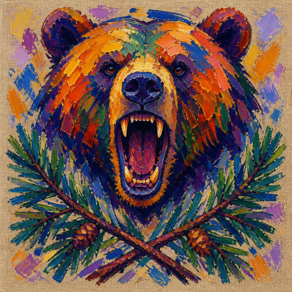 a roaring bear head above crossed pine branches, bold graphic composition on a plain background, no text — Fauvist Impressionism Art Style t-shirt design