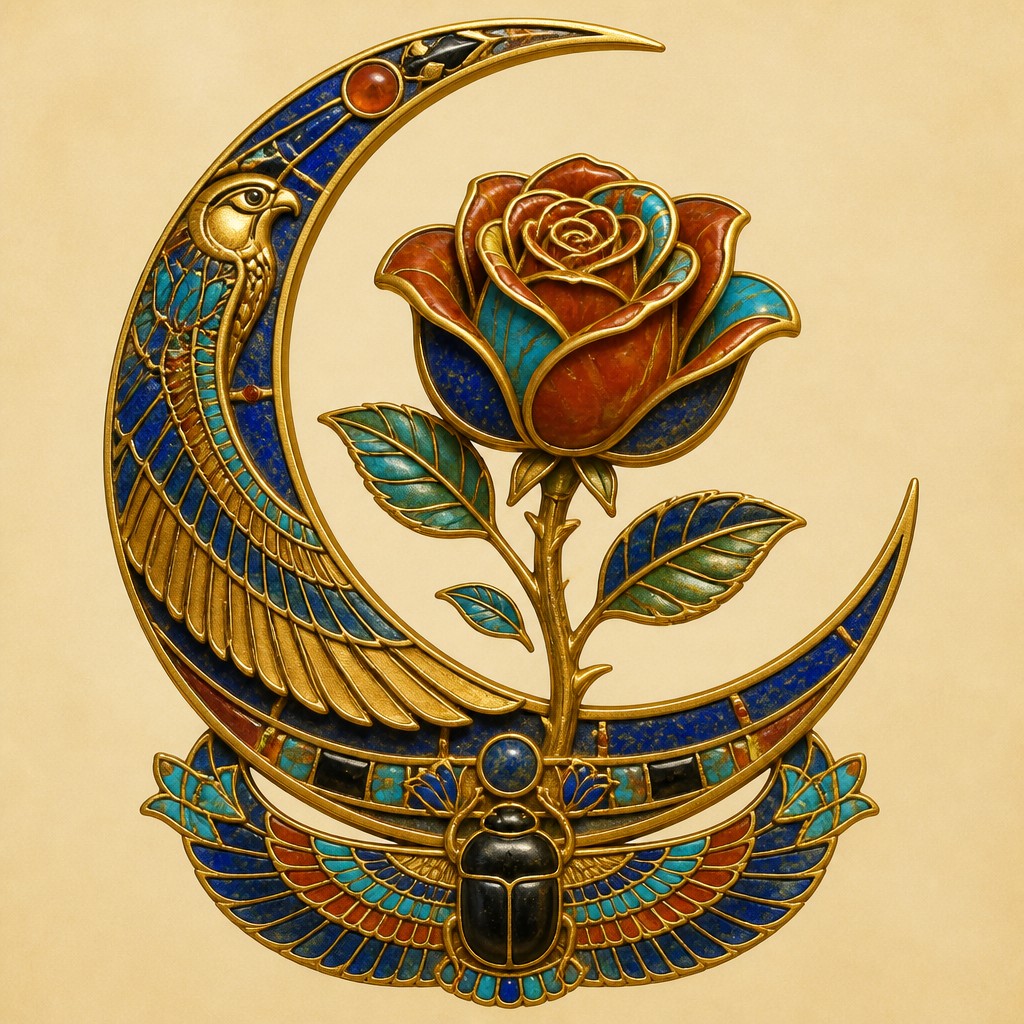 a rose entwined with a crescent moon, clean balanced composition on a plain background, no text — Egyptian Revival Jewelry Style tattoo design